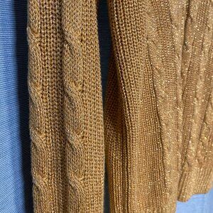 Gold Metallic Shimmer V Neck Cable Knit Sweater Cotton